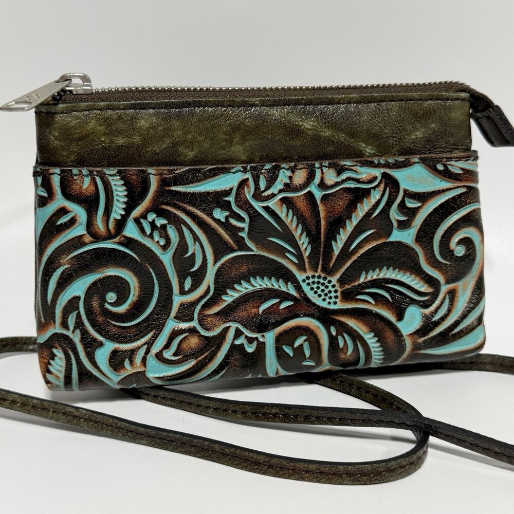 Patricia Nash Tooled Leather Crossbody Mini Purse Turquoise SORBOLA Flower 7"
